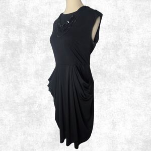 BCBGMAXAZRIA Black Draped Sheath Dress – M | Beaded Collar + Pockets | Luxe Glam